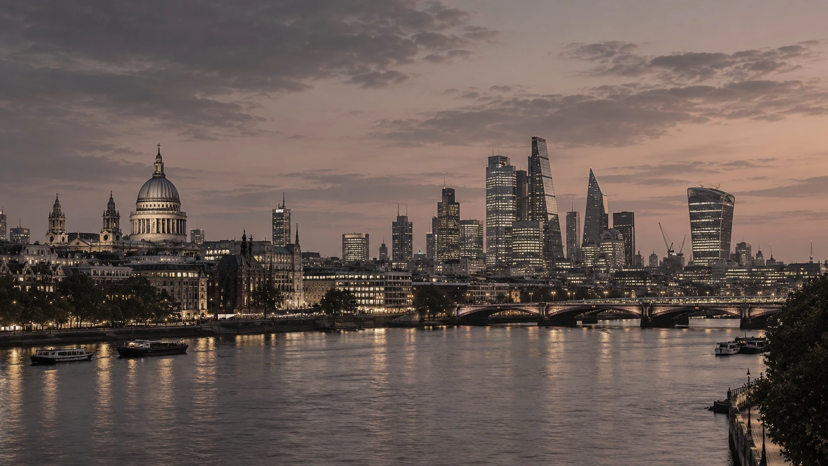 London skyline at dusk, with the dome of St Paul’s and towers along the river.