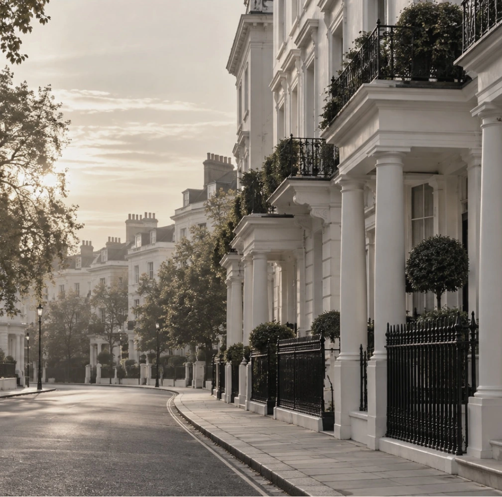 A quiet street of pale stucco houses with columns, iron railings and trees.